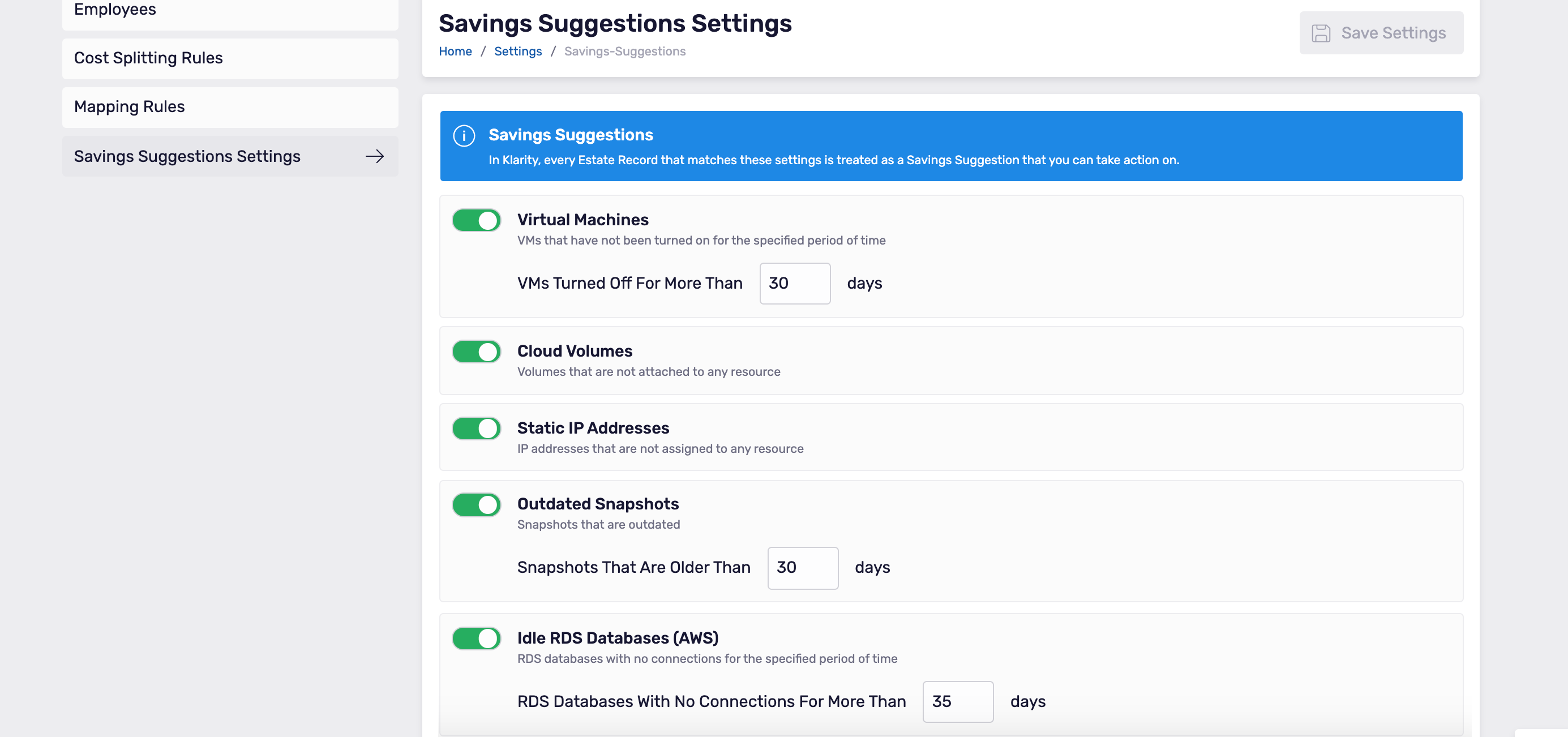Savings suggestions settings